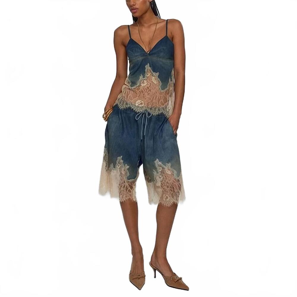 NEW PRODUCTSEEKER lace suspender top & shorts set in denim